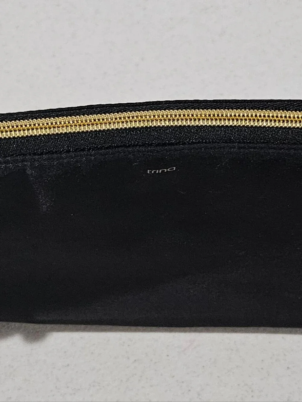 Trina Turk Black Satin Clutch Pouch – Gold Zip ✨